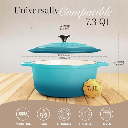 Cast Iron Dutch Oven with Lid (Teal / 7.3-Quart - Deep)