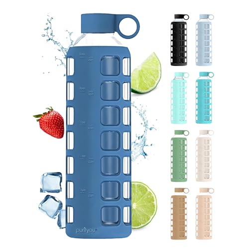 40oz / 32oz / 22oz / 12oz Borosilicate Glass Water Bottle with Time & Volume Markers, Silicone Sleeve, Stainless Steel Lid – Reusable Glass Bottle for Water & Juice (32oz Chinese Porcelain) (Chinese Porcelain (1 Count) / 32 Ounces)