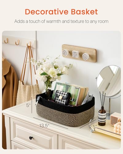 Small Woven Storage Basket for Organizing (Black & Brown / 13.5"L x 9.5"W x 5"H)