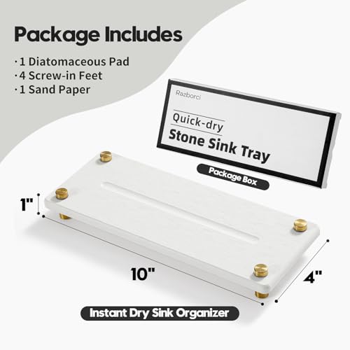 Water Absorbing Stone Sink Caddy Kitchen Sink Organizer Tray (10"x 4" - White - Gold)