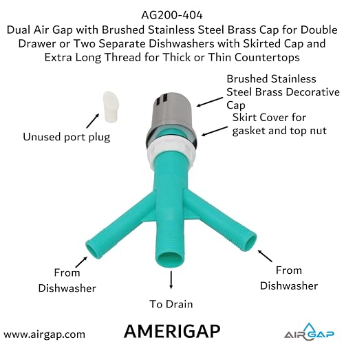 Dual Air Gap with Brushed Stainless Steel Brass Cap for Double Drawer or Two Separate Dishwashers with Skirted Cap and Extra Long Thread for Thick or Thin Countertops (AG200-404)