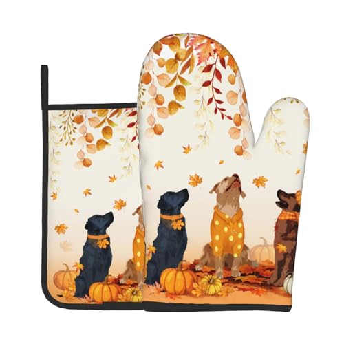 Fall Dogs Oven Mitt Potholders Sets Autumn Leaves Heat Resistant Oven Glove Set of 2 Holiday Kitchen Hot Pads for Cooking Baking Grilling (Fall Dogs)