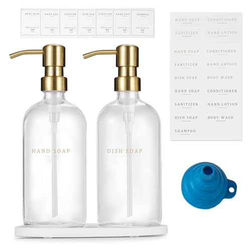 Glass Soap Dispenser (Clear Bottle/Gold Pump + Tray + Funnel)