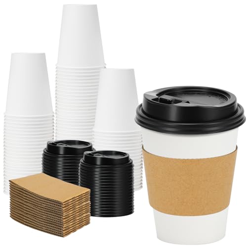 50 Pack 12 oz Disposable Coffee Cups With Lids and Sleeves (White / 12OZ-50 PACK)