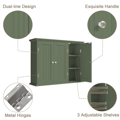 Laundry Cabinet with 3 Doors and Adjustable Shelves (Green / 9.06"D x 31.1"W x 23.4"H)