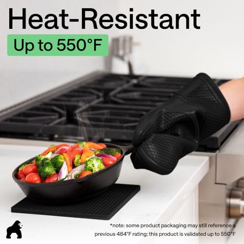 BPA Free Silicone Oven Mitts and Pot Holders Set (Black / 12.5" Oven Mitts + 7" Trivets)