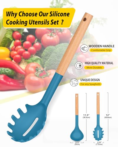 Silicone Soup Ladle and Pasta Spoon Set with Wooden Handle (2 Count)