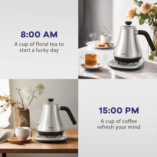 Electric Gooseneck Kettle With LCD Display Automatic Shut Off Retro Coffee Kettle Temperature Control Hot Water Boiler to Pour Over Tea (Stainless Steel)