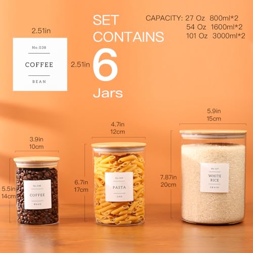 6 Pack Borosilicate Glass Storage Jars with Bamboo Lids + 132 Pre