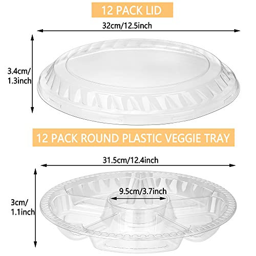 12 Pack Round Plastic Veggie Tray with Lid Fruit Tray 6 Divided Compartment Container Food Serving Dip Platter Reusable Catering Trays for Veggie Fruit Snack Party and Buffet Trays（Clear (Clear / 12inch)
