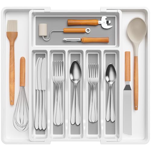 Extra Large Silverware Drawer Organizer (White&Gray / XL Deep (13-22''W x 16.7''D))
