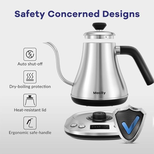 Electric Gooseneck Kettle With LCD Display Automatic Shut Off Retro Coffee Kettle Temperature Control Hot Water Boiler to Pour Over Tea (Stainless Steel)
