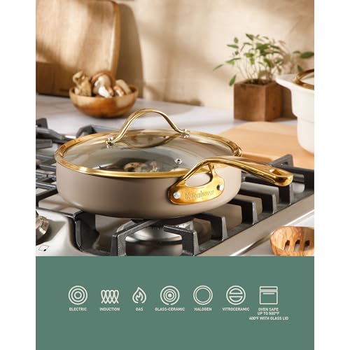 Non Stick Ceramic Frying Pan (Cappuccino Cream w/ Gold Handle / Deep Fry Pan w/ Lid (10-Inch))