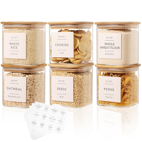 6 Pack Square Glass Pantry Storage Containers with 132 Kitchen Food Pantry Labels