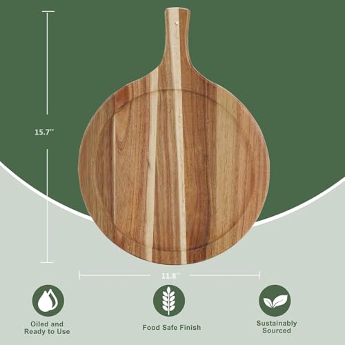 Acacia Wood Round Cutting Board with Handle (15.7"L x 11.8"W)