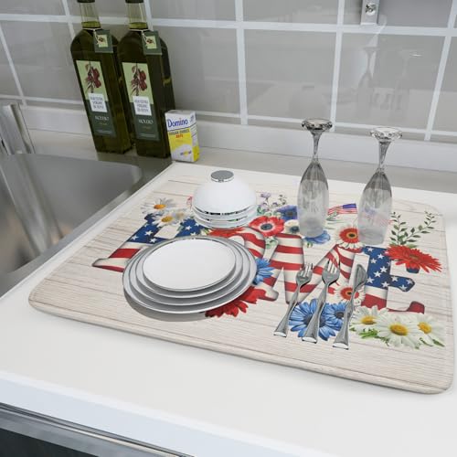 American Flag Dish Drying Mat Home Flowers Absorbent Dishes Pad for Kitchen Counter 18 X 24 In (Patriotic Home 605 / 24" x 18")