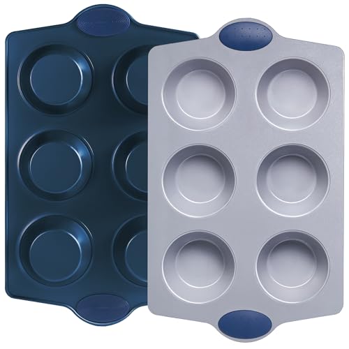 2-Pack 6-Cup Non Toxic Nonstick Ceramic Jumbo Muffin Pan & Cupcake Tin, PFOA & PFOA Free, Rust-Resistant Aluminized Steel, Oven Safe, Blue (Blue / 6 Cup Jumbo Muffin Pan (2 pack))
