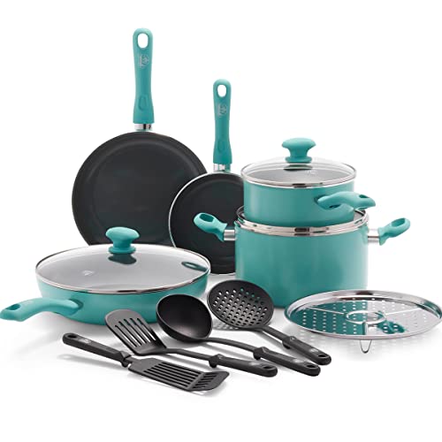Soft Grip Diamond Healthy Ceramic Nonstick 13 Piece Cookware Pots and Pans Set (13 Piece Cookware Set / Turquoise)