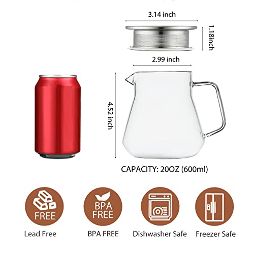 One Touch Glass Teapot with Stainless Steel Filter Lid (20oz(600ml))
