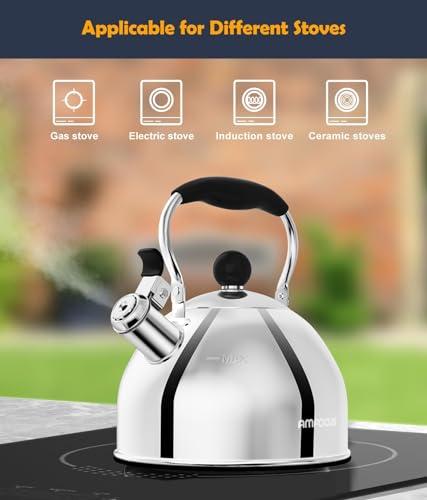 Tea Kettle 2 Quart Stainless Steel Whistling Tea Kettle (Silver)