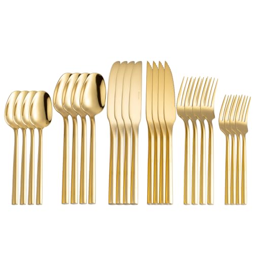 Gold Silverware Set with Steak Knives (Polished Gold with Steak Knives)