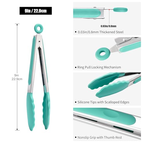 Kitchen Tongs with Silicone Tips for Cooking Serving (9in / Aqua Sky)