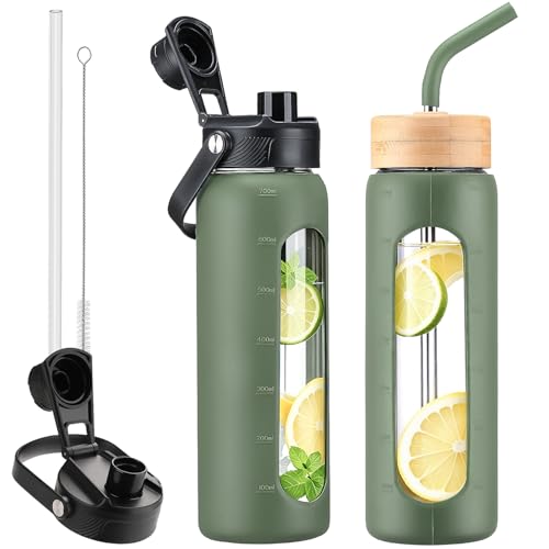 24 oz Glass Water Bottle with Straw and 2 Lids (Olive / 24 Ounces)