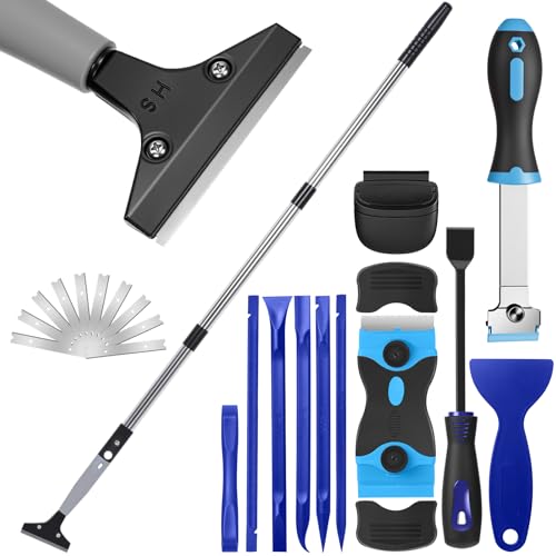 12 Pcs Floor Scraper Tool Set 52" Long Handle Metal Razor (Classic)