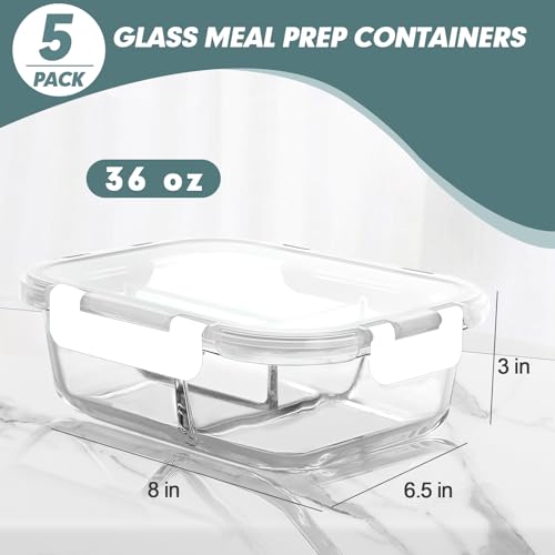 Glass Meal Prep Containers 3 Compartments (5 Count)