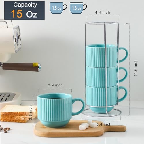 15 oz Coffee Mug Set of 4 with Stand (Teal / 15 Ounces)