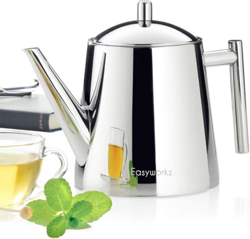Stainless Steel Double Wall 34 oz Tea Pot with Removable Tea Infuser (34 oz / Chrome)