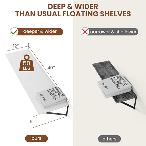 40W x 12D Deep Floating Shelves Set of 2 White (White With Black Metal Bracket / 40Wx12Dx5.8H)