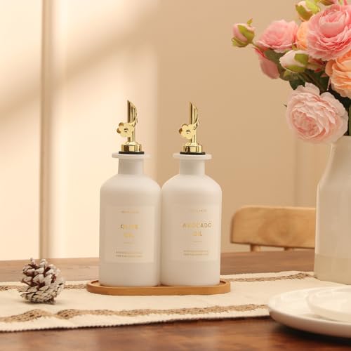 Olive Oil Dispenser for Kitchen (12oz-White&Gold Spout+Tray / 11.8 fl oz)