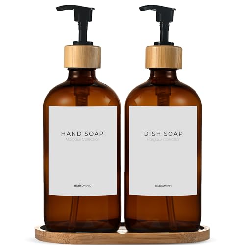 Dish Soap Dispenser Set (Amber Bottles Black Bamboo Pumps)