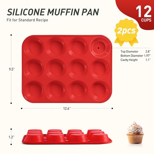 2 Pack 12 Cups Silicone Muffin Pan with Metal Reinforced Frame Regular Size Silicone Molds Cupcake Cake Baking Pans Cookie Baking Chocoflan Cupcake Mold Muffin Tray Dishwasher Safe BPA Free (2pc: 12-Cup Regular / Red and Blue)