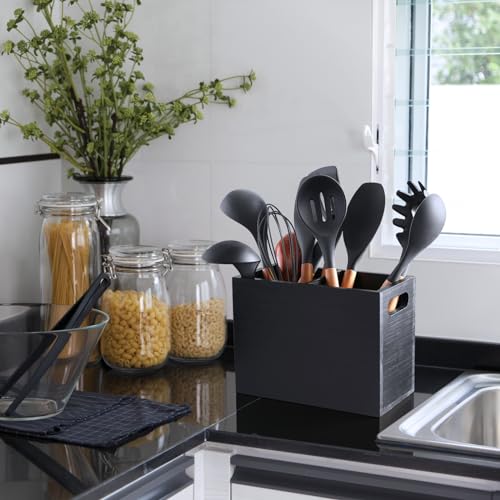 Black Utensil Holder for Kitchen Counter (Black / 2 Compatment)