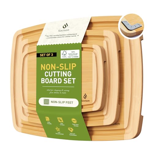Bamboo Cutting Board Set Non Slip Feet Over Sink Tablas Para Picar Cocina Tabua Madeira Corte Carne Bambu Alimentos Cortar Madera Juego Regalos Cumpleaños Navidad Mujer Mama Abuela Hombre Papa (3-Piece / Two-Tone Bamboo)