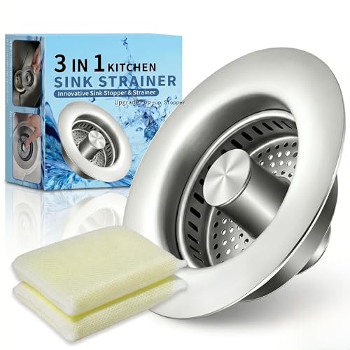 3-in-1 Kitchen Sink Drain Strainer and All-Purpose Sponges, Sink Stopper Pop-Up Drain Plug with Anti-Clogging Food Catcher Basket, Odor Blocker, Fits US Standard 3-1/2 Inch Sinks,Dish Sponges Safe (Chorme+ 2kitchen Sponges)
