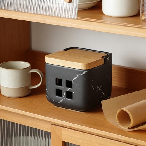 Ceramic Garlic Keeper with Bamboo Lid (Marble Black)