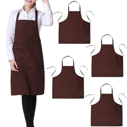 4 Pack Bib Chef Apron (2 pockets -Long (4 packs) / Brown)