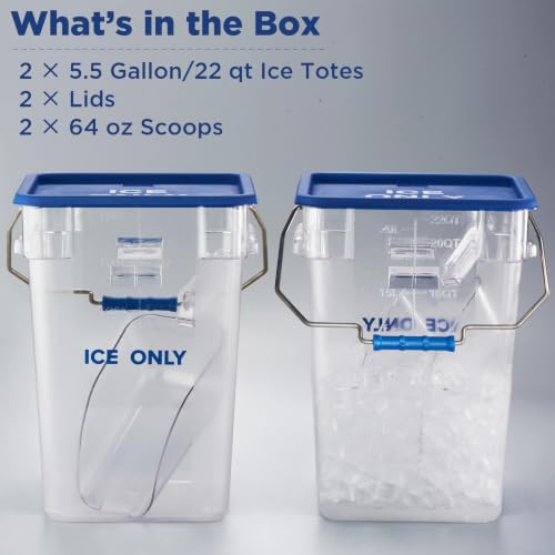 2 Pack 5.5 Gal Square Ice Tote Set with Lids and 64 oz Scoops (22.0 Qt 2-Pack(Blue Lids))