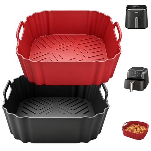 2 Pack Square Silicone Air Fryer Liners (Black+Red / 5-6.5QT)