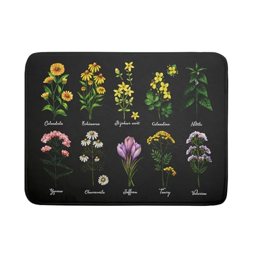 Black Flower Herbs Dish Drying Mat 18x24 Inch Botanical Floral Microfiber Drying Mats with Hanging Loop Foldable Absorbent Dish Drainer Rack Pad (Black Flower Herbs / 18" x 24")
