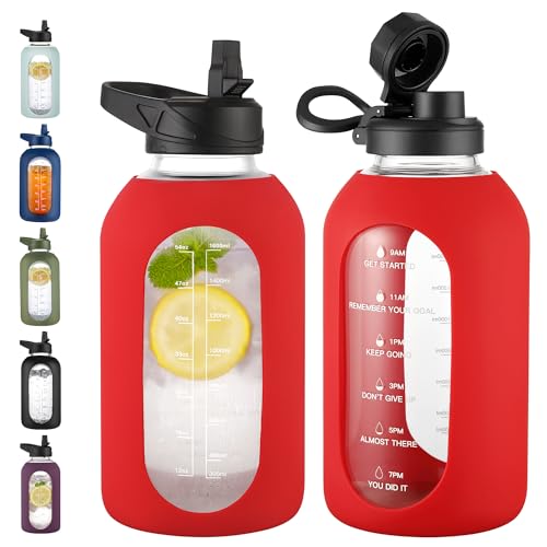 64 oz Glass Water Bottle with Straw (Red / 64 Ounces)