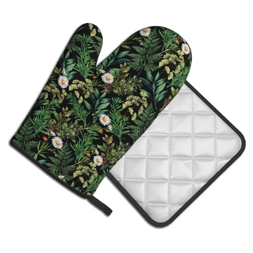 Green Botanical Oven Mitts and Pot Holder Kitchen Accessories Sets Fern Leaves Heat Resistant Baking Cooking Oven Gloves Washable Potholder (Green Botanical)