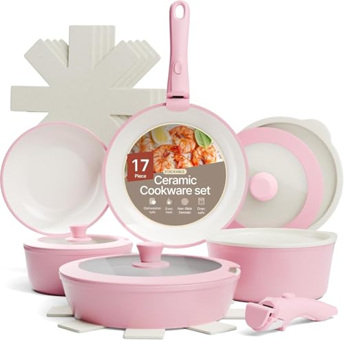 Bakken 17 Piece Ceramic Coated Aluminum Cookware Set (Pink)