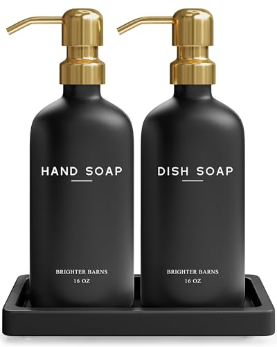 Luxury Glass Hand and Dish Soap Dispenser Set by Brighter Barns (Black/Gold Hd)