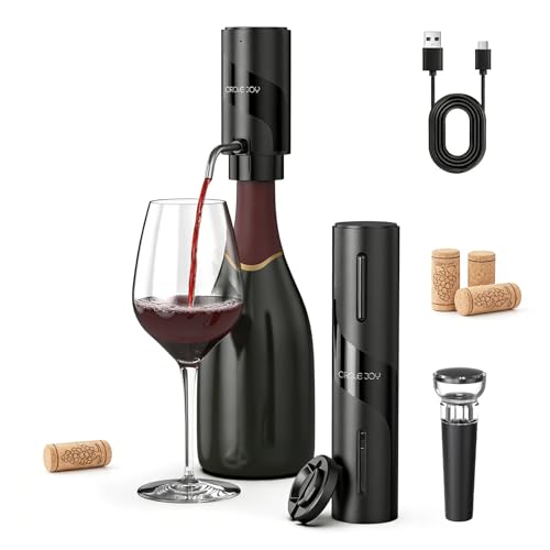 5-in-1 Electric Wine Bottle Opener Set, Rechargeable Wine Opener Kit, Cordless Wine Gift Set with Foil Cutter, Electric Aerator & Pourer and Vacuum Stopper for Wine Lovers, Black (Upgrade Black / Electric Wine Aerator Set)