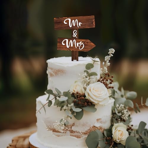 Rustic Mr & Mrs Cake Topper in Wood Cake Decoration for Wedding & Engagement (Mr & Mrs)