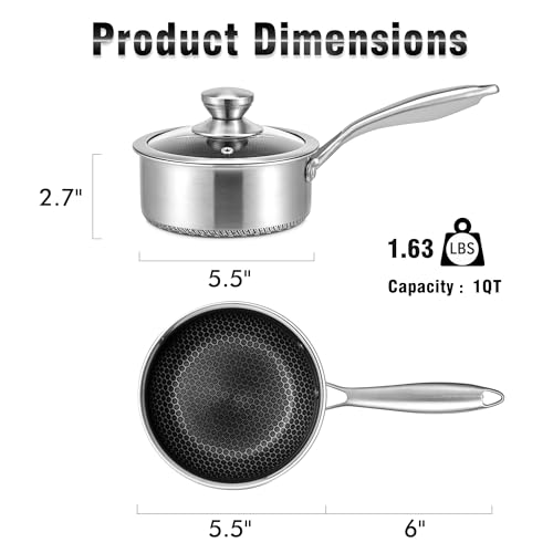 Hybrid Nonstick 1 Quart Stainless Steel Saucepan with Glass Lid (1 Quarts)